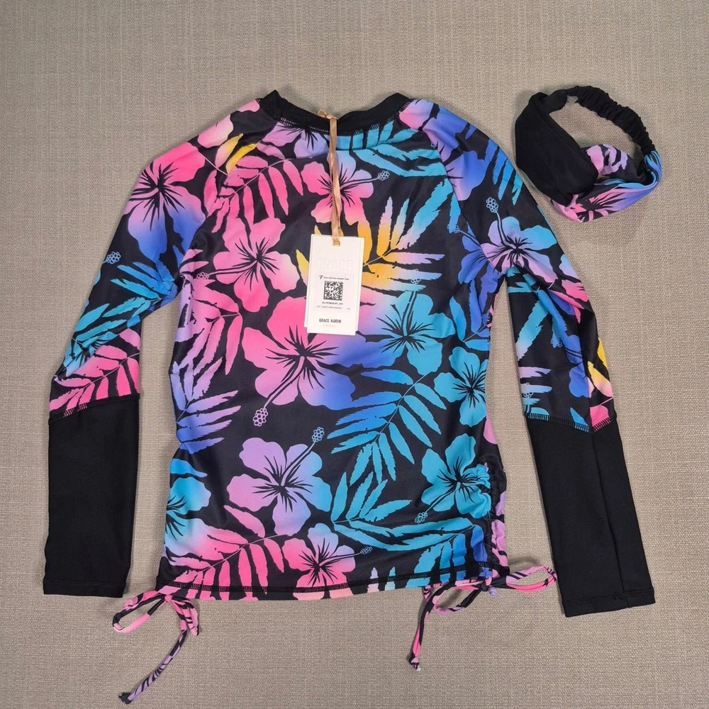 Grace Karin Girl Long Sleeve Swimsuit Two-Piece Rash Guard Floral Black Size 10Y
